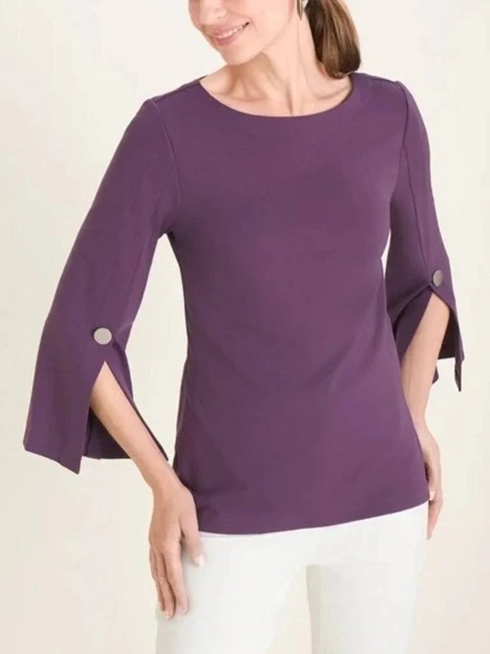 Chico’s Purple Split Sleeve Bateau Top Size L Stretch Blouse EUC
